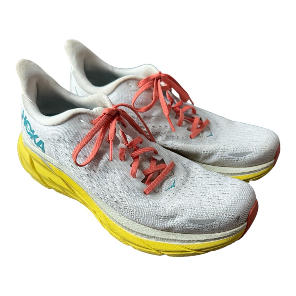 Hoka Clifton White and Yellow Athletic Shoes